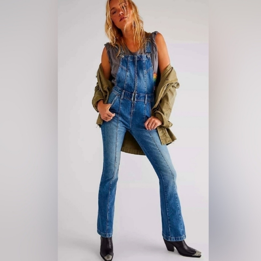 Free People Camilla Boho Western Boot Flare Denim Overalls XS